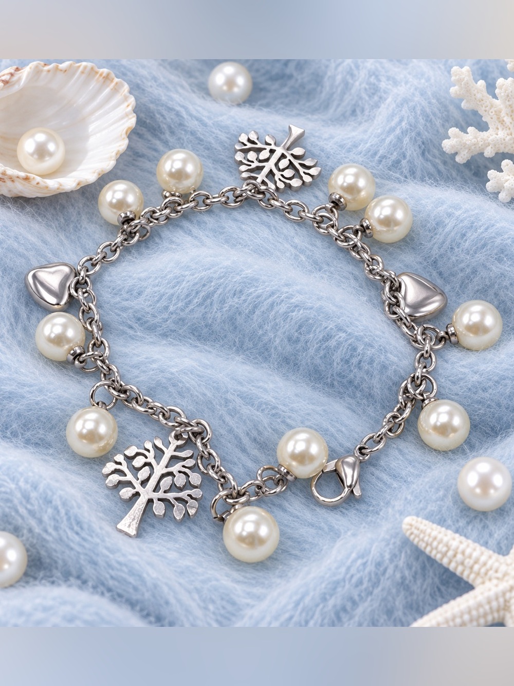 Pearl Charm Bracelet Stainless Steel Silver Tone Tree of Life